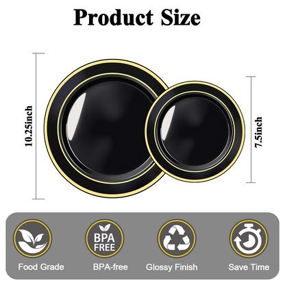 Goodluck Premium Disposable Black with Gold Rim Plastic Plates Set for Party, Wedding, Holiday, and Halloween