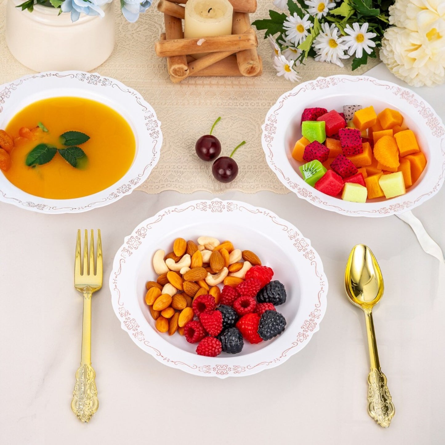 Goodluck 12oz Disposable Heavy Duty White Plastic Bowls with Rose Gold Rim Plastic Bowl for Hot Soup, Dessert, Salad, Cake, Ice Cream, Fruit