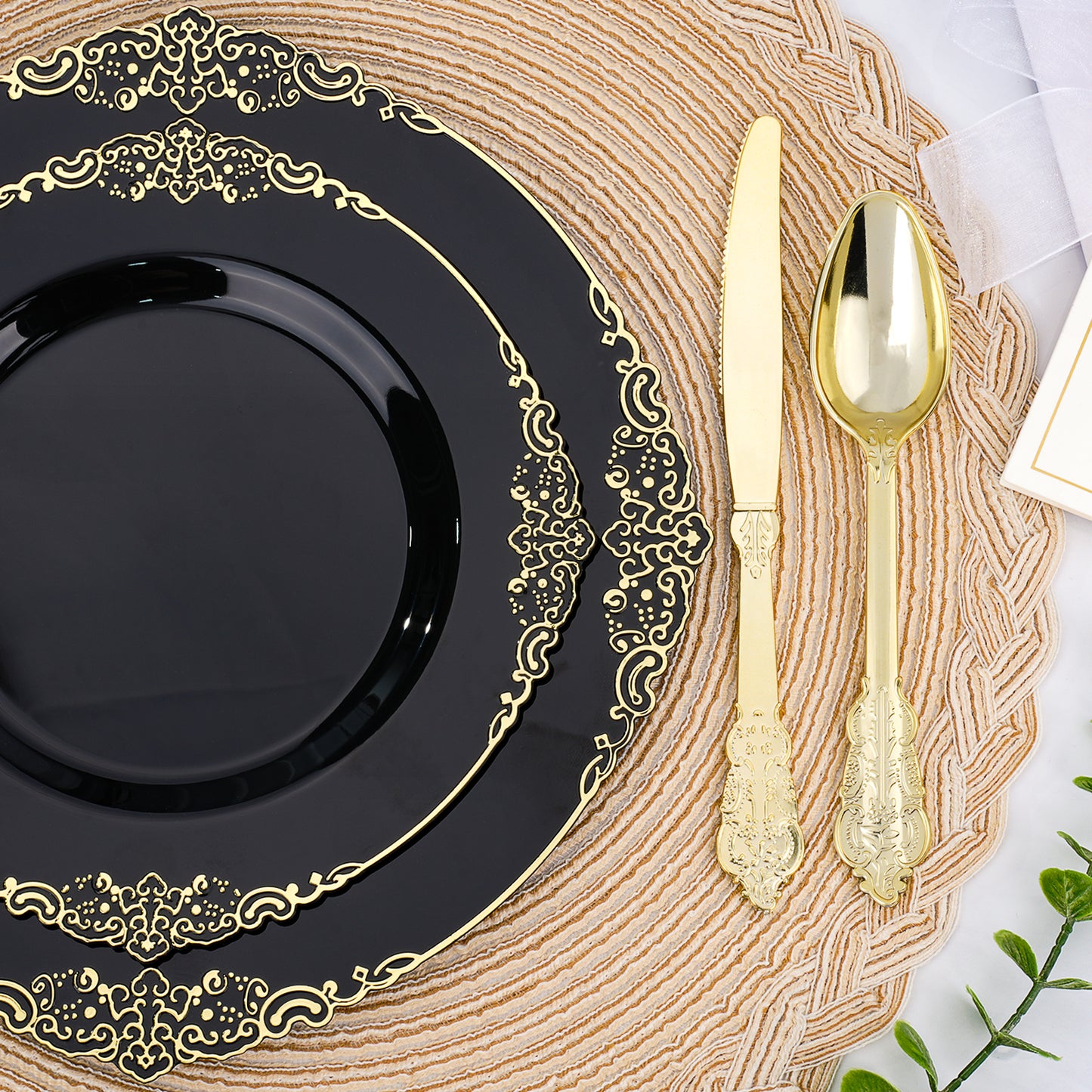 Goodluck 350 PCS Disposable Black and Gold Plastic Dinnerware Set for Party, Wedding, Graduation