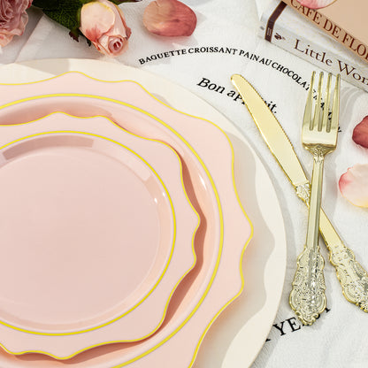 Goodluck 350 PCS Disposable Scallop Pink with Gold Rim Plastic Dinnerware Set