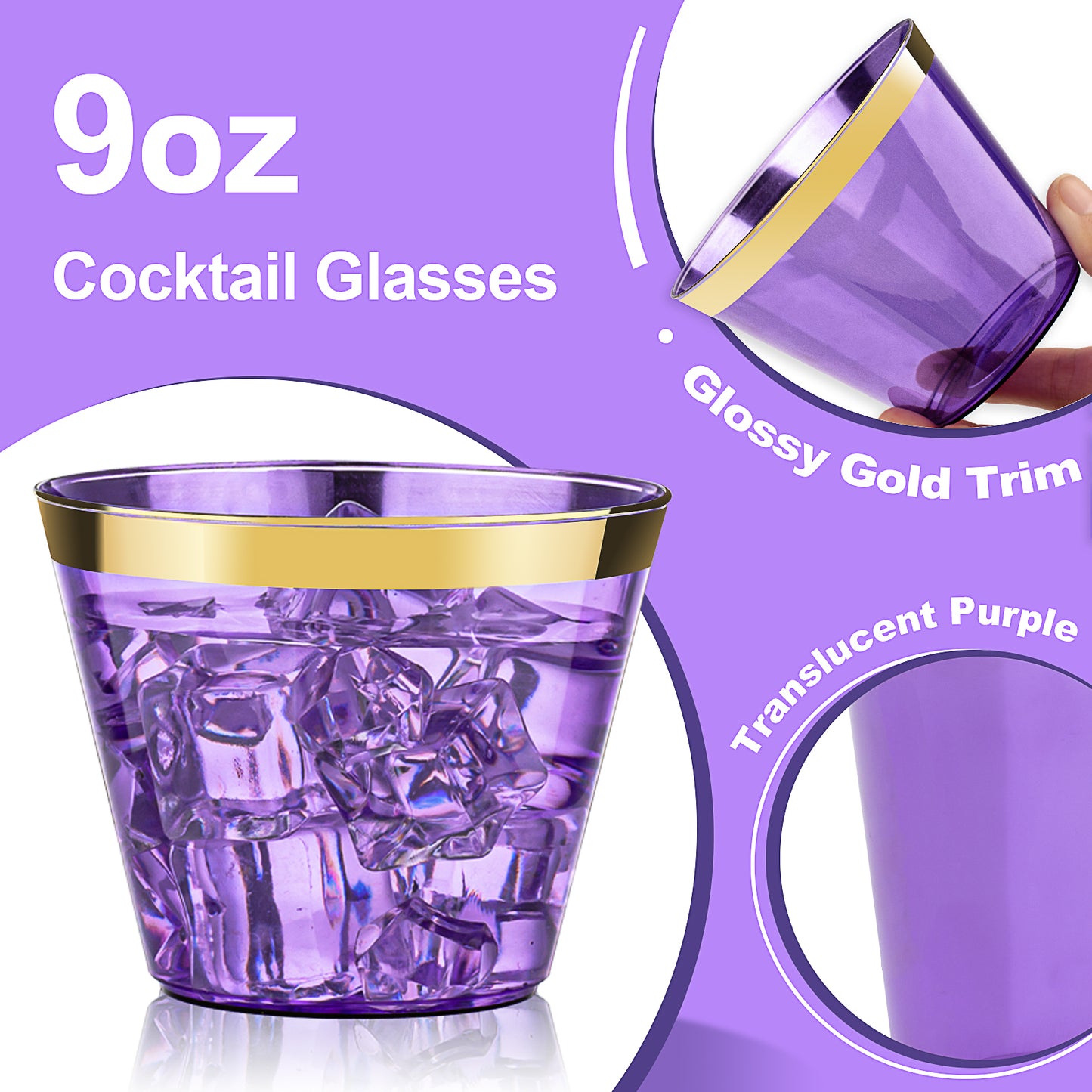 Goodluck 100 Pack 9 oz Disposable Purple with Gold Rim Plastic Cups for Party & Graduation & Wedding