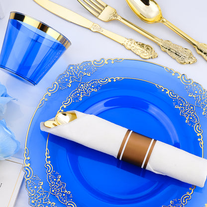 Goodluck Disposable Clear Blue with Gold Rim Plastic Dinnerware Sets