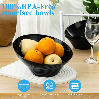 Goodluck 12 Pack 54oz Disposable Angled Black Plastic Serving Bowls for Chips, Snacks, Fruit, Salad
