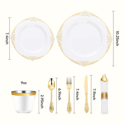 Goodluck Disposable Retro White with Gold Rim Plastic Dinnerware