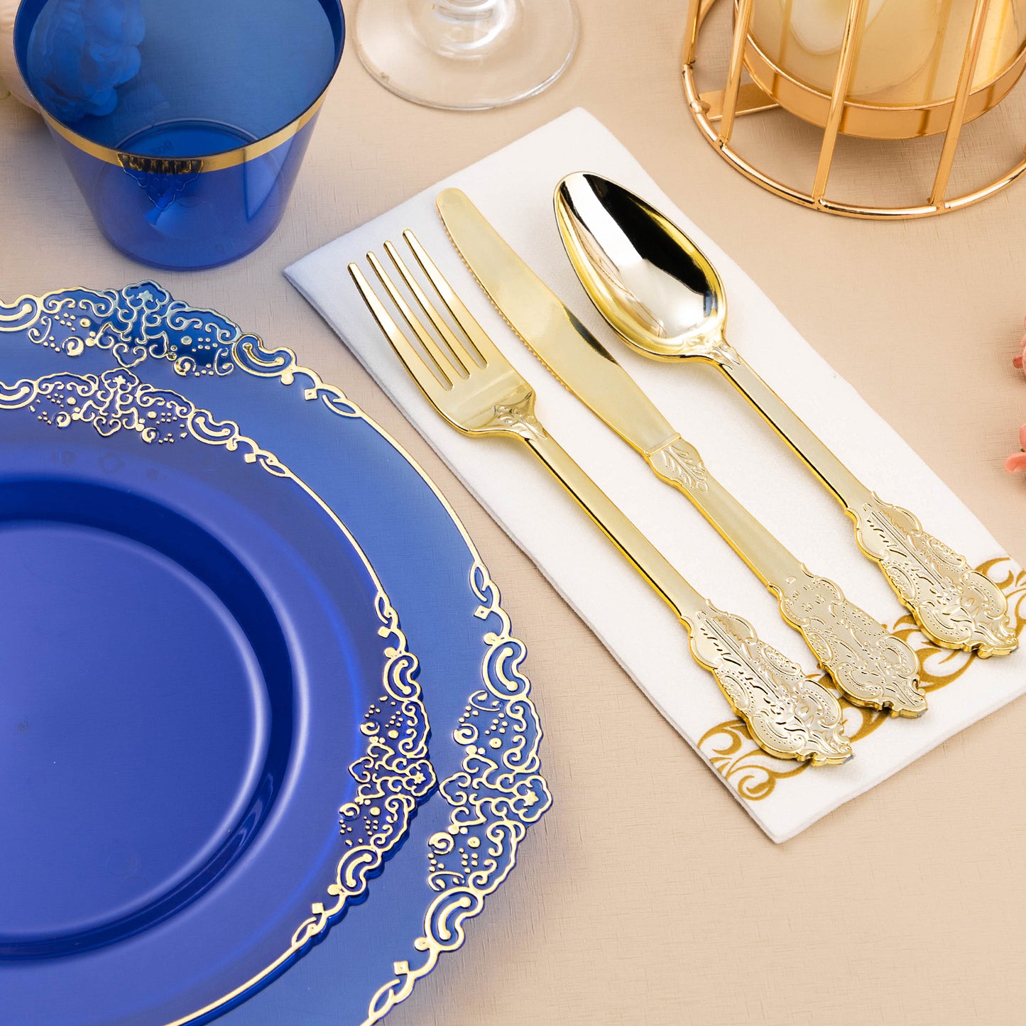 Goodluck Disposable Retro Clear Blue with Gold Rim Plastic Dinnerware Sets