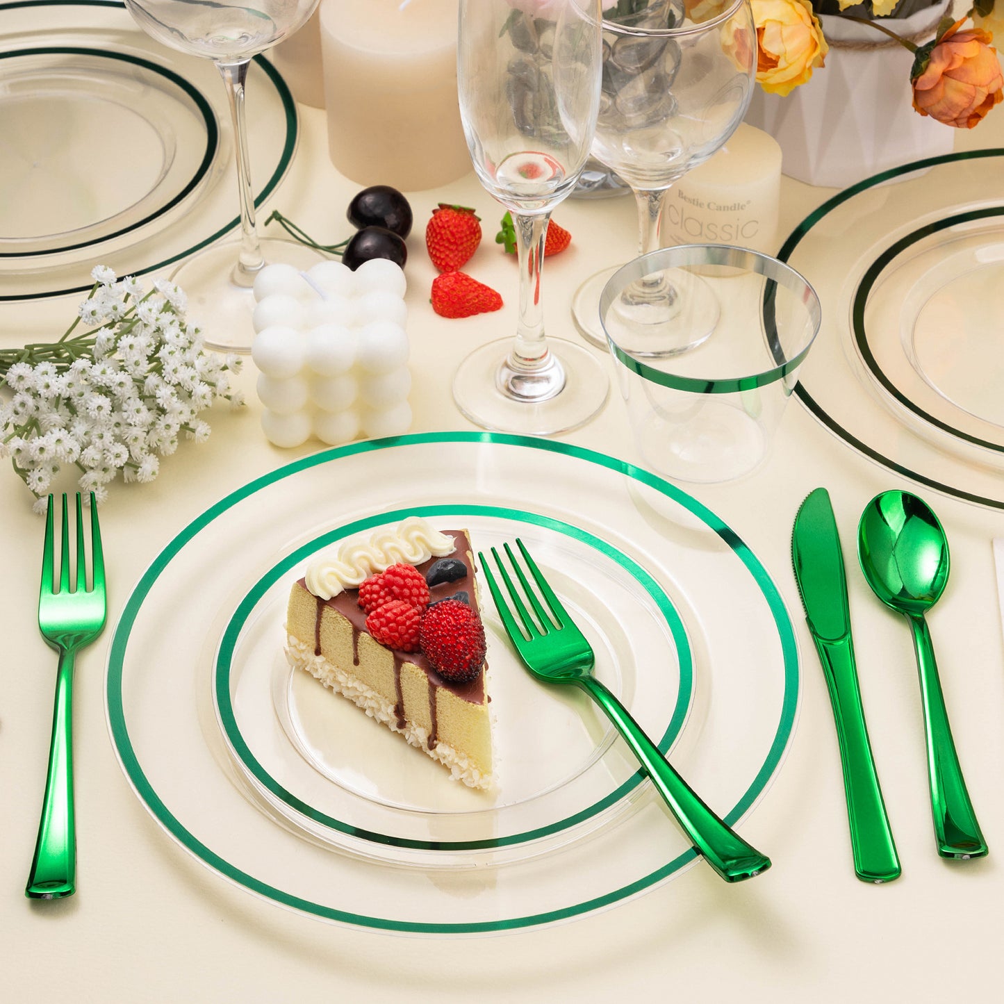 Goodluck 350PCS Disposable Green and Clear Plastic Dinnerware Sets for 50 Guests