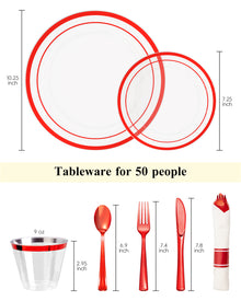 Goodluck 350 Piece Disposable Clear with Double Red Rim Plastic Dinnerware Set for Party, Christmas, Graduation, Wedding