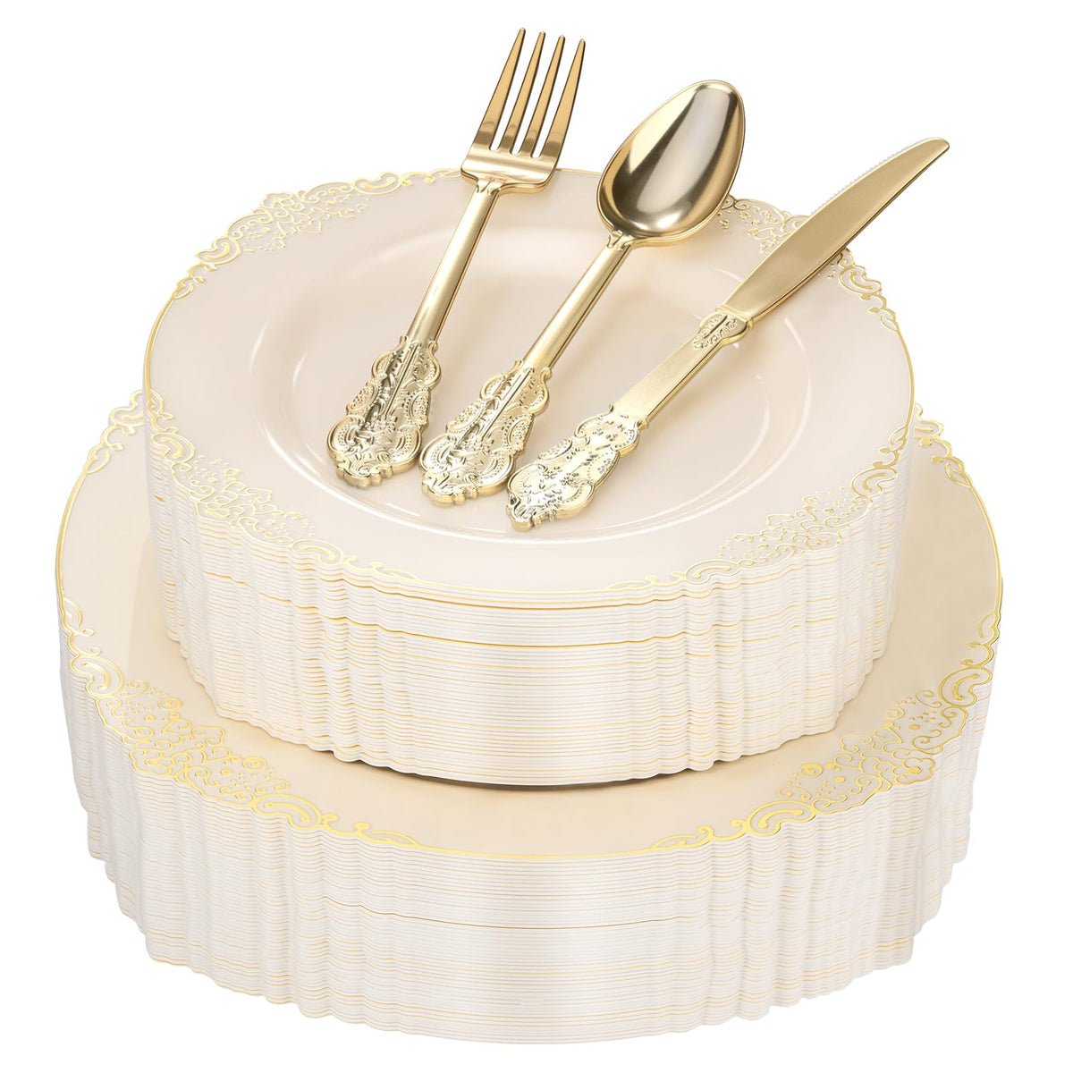 Heavy Duty Elegant Vintage Plastic Plates with Cutlery Set for Wedding, Bridal Shower, Anniversary