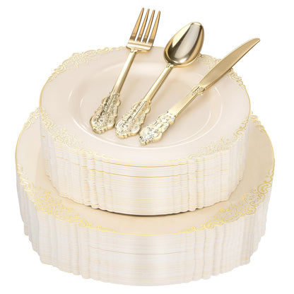 Heavy Duty Elegant Vintage Plastic Plates with Cutlery Set for Wedding, Bridal Shower, Anniversary