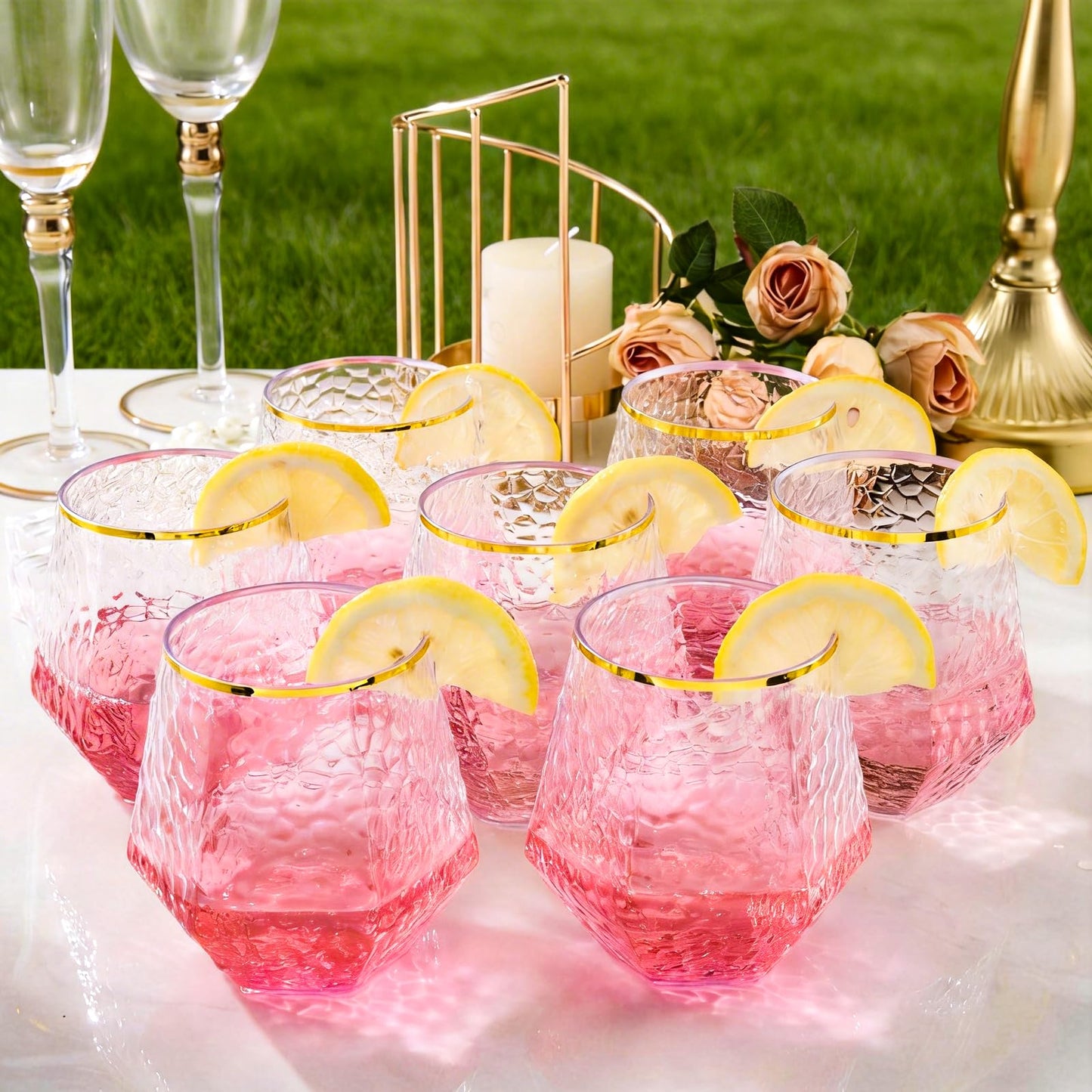 12 Oz Hammered Diamond Stemless Plastic Wine Glasses for Weddings, Birthday Parties, Family Gatherings, Bars
