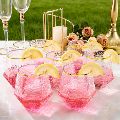 12 Oz Hammered Diamond Stemless Plastic Wine Glasses for Weddings, Birthday Parties, Family Gatherings, Bars