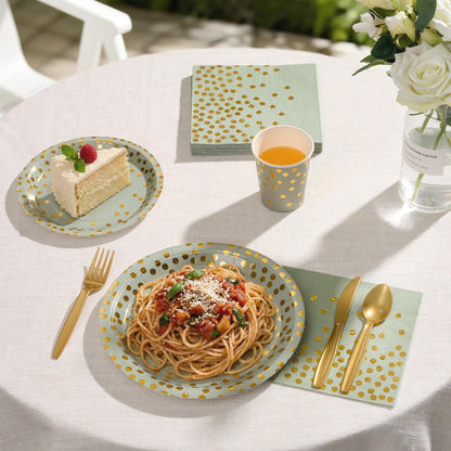 Gold Foil Polka Dot Disposable Party Paper Tableware Set for Birthday, Baby Shower, and Wedding