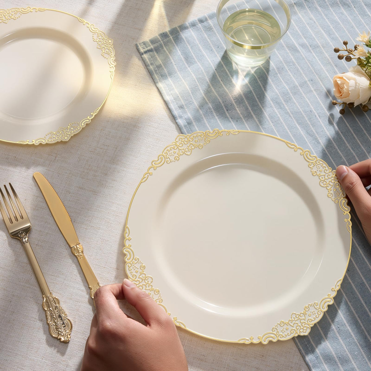 Heavy Duty Elegant Vintage Plastic Plates with Cutlery Set for Wedding, Bridal Shower, Anniversary