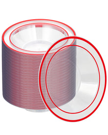 Goodluck 100 Pack 12oz Disposable Clear with Red Rim Plastic Soup Bowls for Christmas, Parties, Dinners, Catering, Thanksgiving and Everyday Use