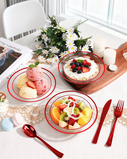 Goodluck 100 Pack 12oz Disposable Clear with Red Rim Plastic Soup Bowls for Christmas, Parties, Dinners, Catering, Thanksgiving and Everyday Use