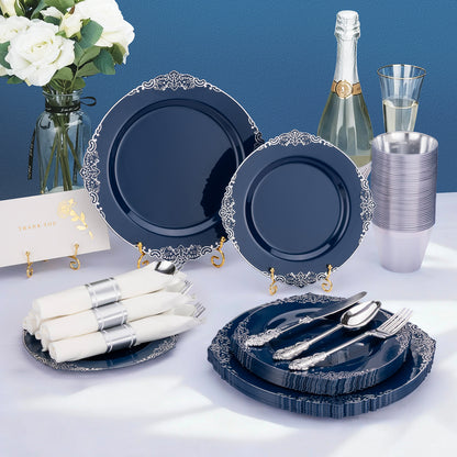 Goodluck 350PCS Disposable Navy Blue Pre-Rolled Napkins Plastic Dinnerware Sets for Party, Wedding and Graduation
