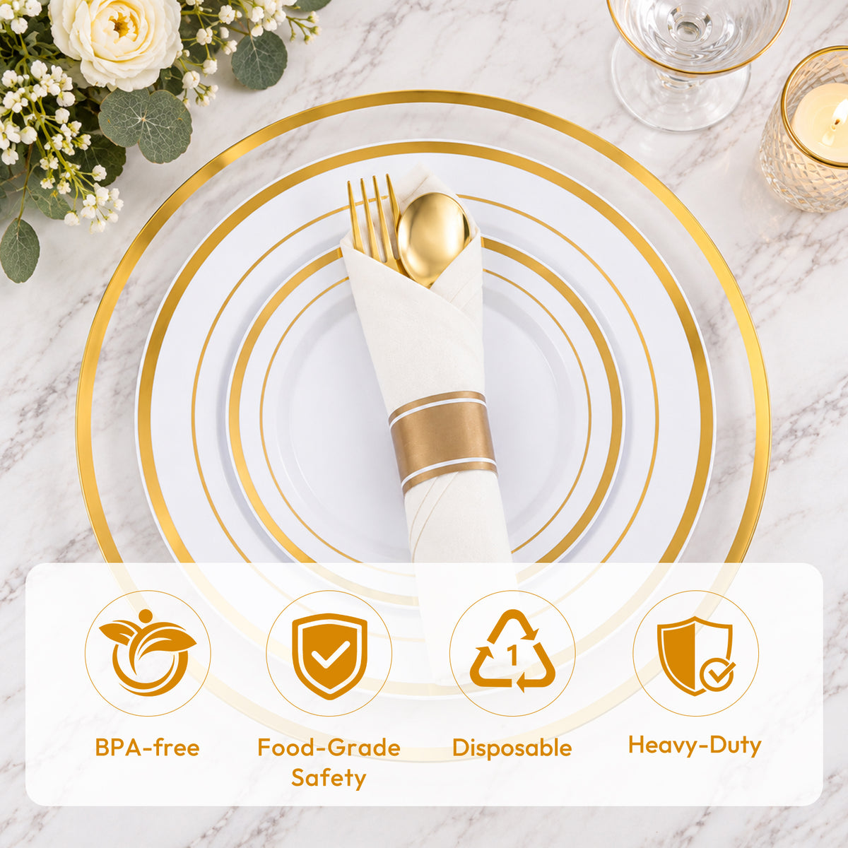 Golden Disposable Dinnerware Set with Charger for  100 Guests, ideal for Wedding, Birthday, Holiday