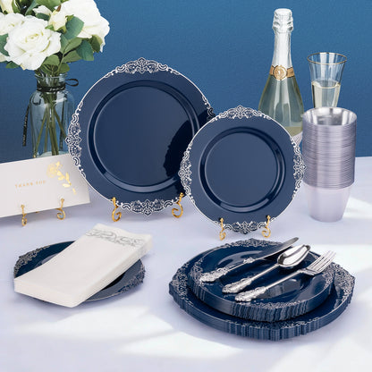 Goodluck 350PCS Disposable Navy Blue Plastic Dinnerware Sets for Party, Wedding and Graduation