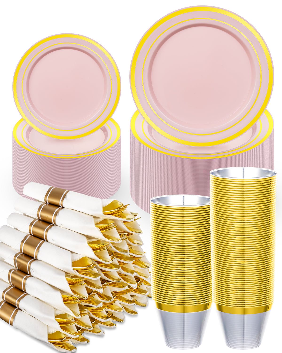 Goodluck Disposable Pink with Gold Rims Plastic Dinnerware Set for Wedding, Christmas