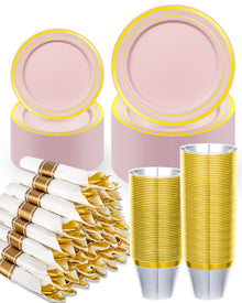 Goodluck Disposable Pink with Gold Rims Plastic Dinnerware Set for Wedding, Christmas