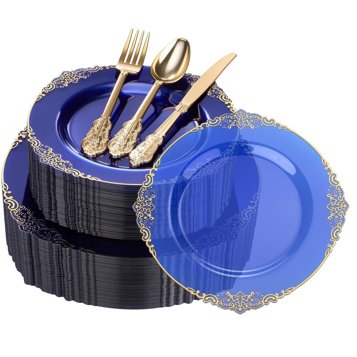 Heavy Duty Elegant Vintage Plastic Plates with Cutlery Set for Wedding, Bridal Shower, Anniversary