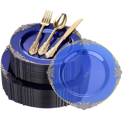 Heavy Duty Elegant Vintage Plastic Plates with Cutlery Set for Wedding, Bridal Shower, Anniversary