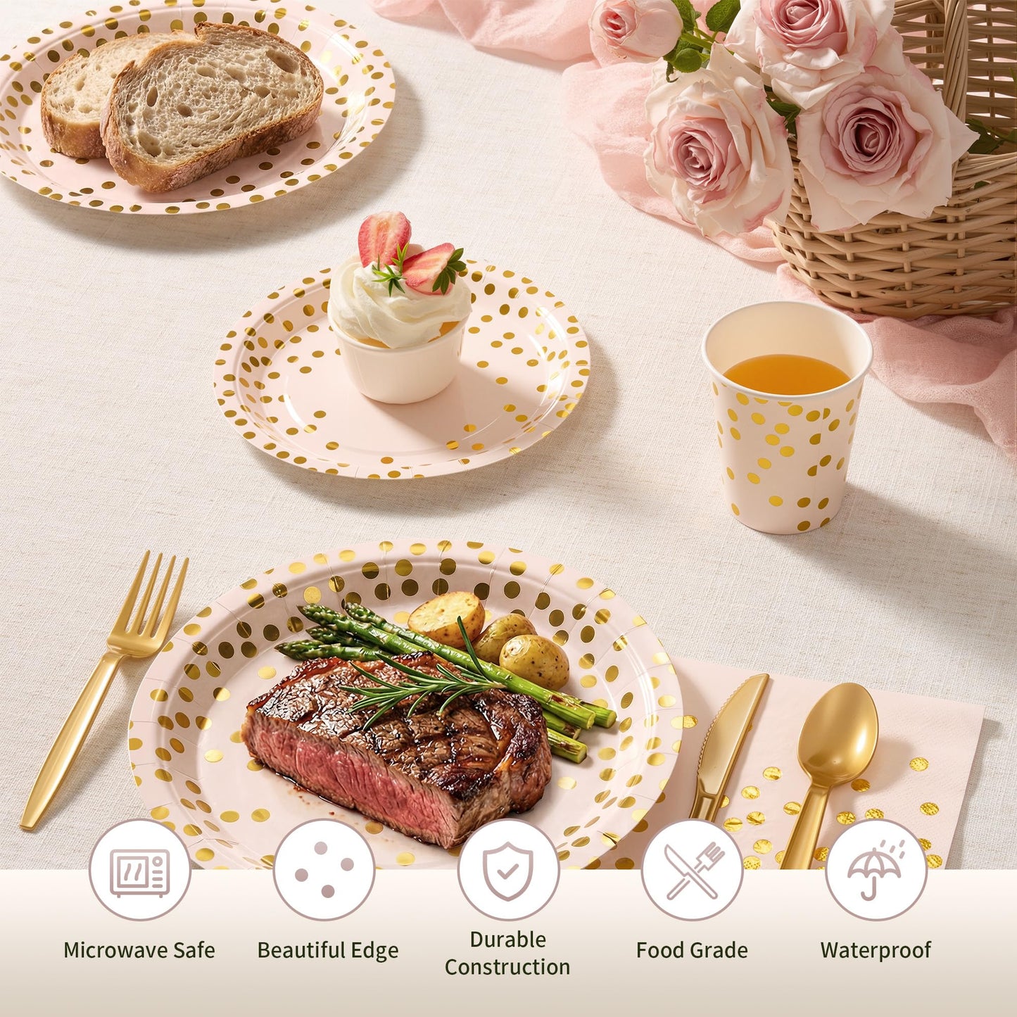 Gold Foil Polka Dot Disposable Party Paper Tableware Set for Birthday, Baby Shower, and Wedding