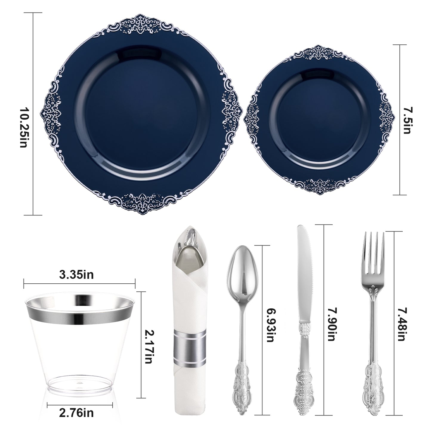 Goodluck 350PCS Disposable Navy Blue Pre-Rolled Napkins Plastic Dinnerware Sets for Party, Wedding and Graduation