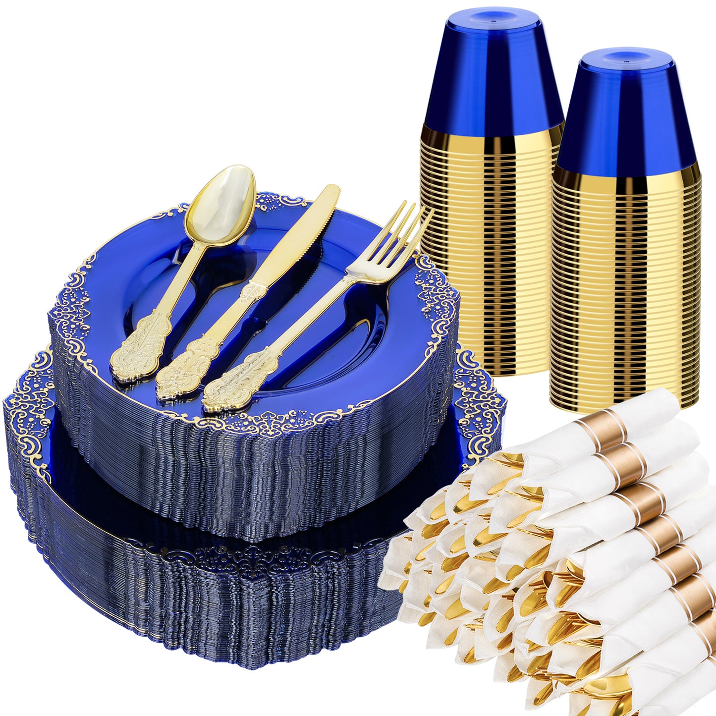 Goodluck Disposable Clear Blue with Gold Rim Plastic Dinnerware Sets