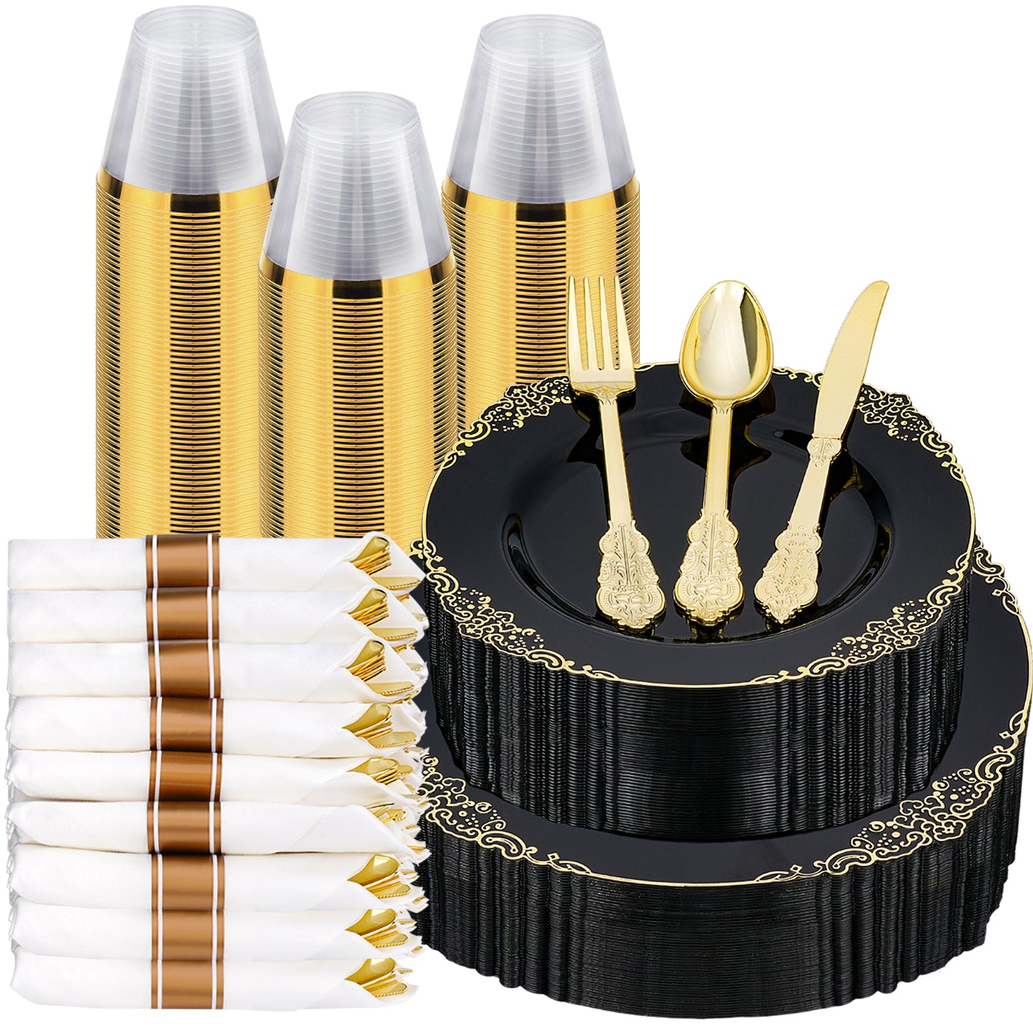 Goodluck 350 PCS Disposable Black and Gold Plastic Dinnerware Set for Party, Wedding, Graduation