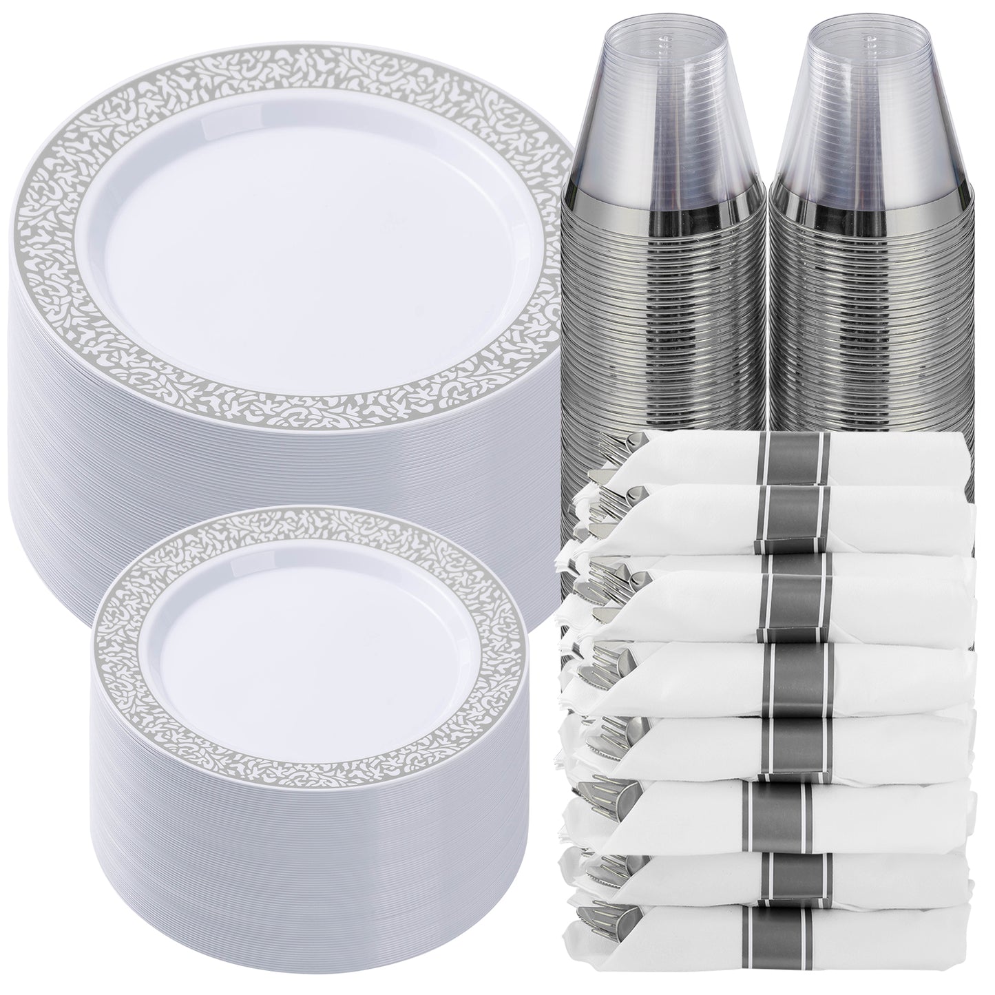 Goodluck 350pcs Disposable Lace Silver Plastic Dinnerware Set for 50 Guests