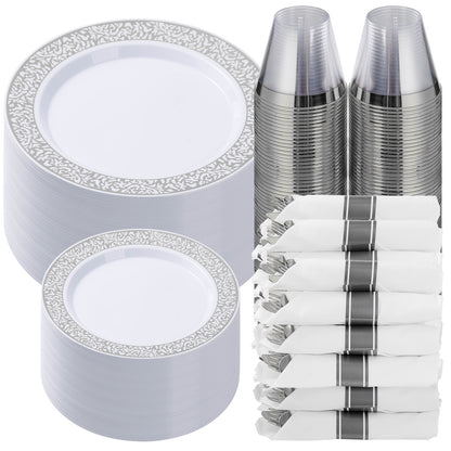 Goodluck 350pcs Disposable Lace Silver Plastic Dinnerware Set for 50 Guests