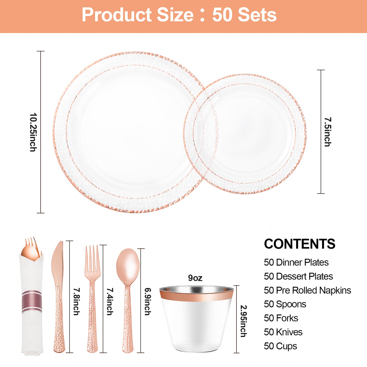 Goodluck 350PCS Disposable Veined Clear with Rose Gold Trim Dinnerware Set for 50 Guests