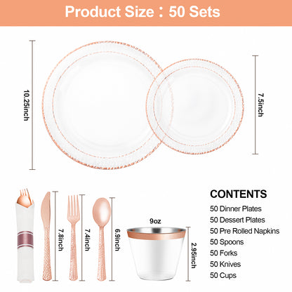 Goodluck 350PCS Disposable Veined Clear with Rose Gold Trim Dinnerware Set for 50 Guests