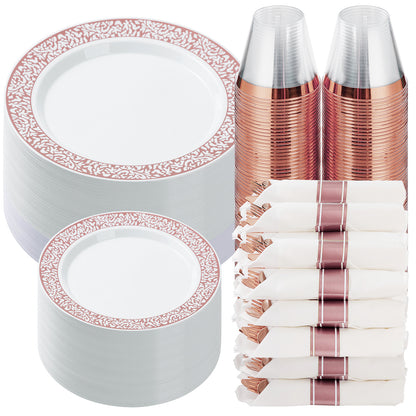 Goodluck 350 Piece Disposable Lace Rose Gold Plastic Dinnerware Set