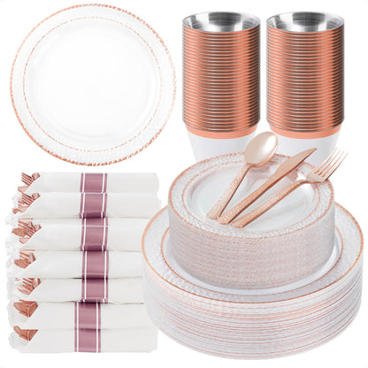 Goodluck 350PCS Disposable Veined Clear with Rose Gold Trim Dinnerware Set for 50 Guests