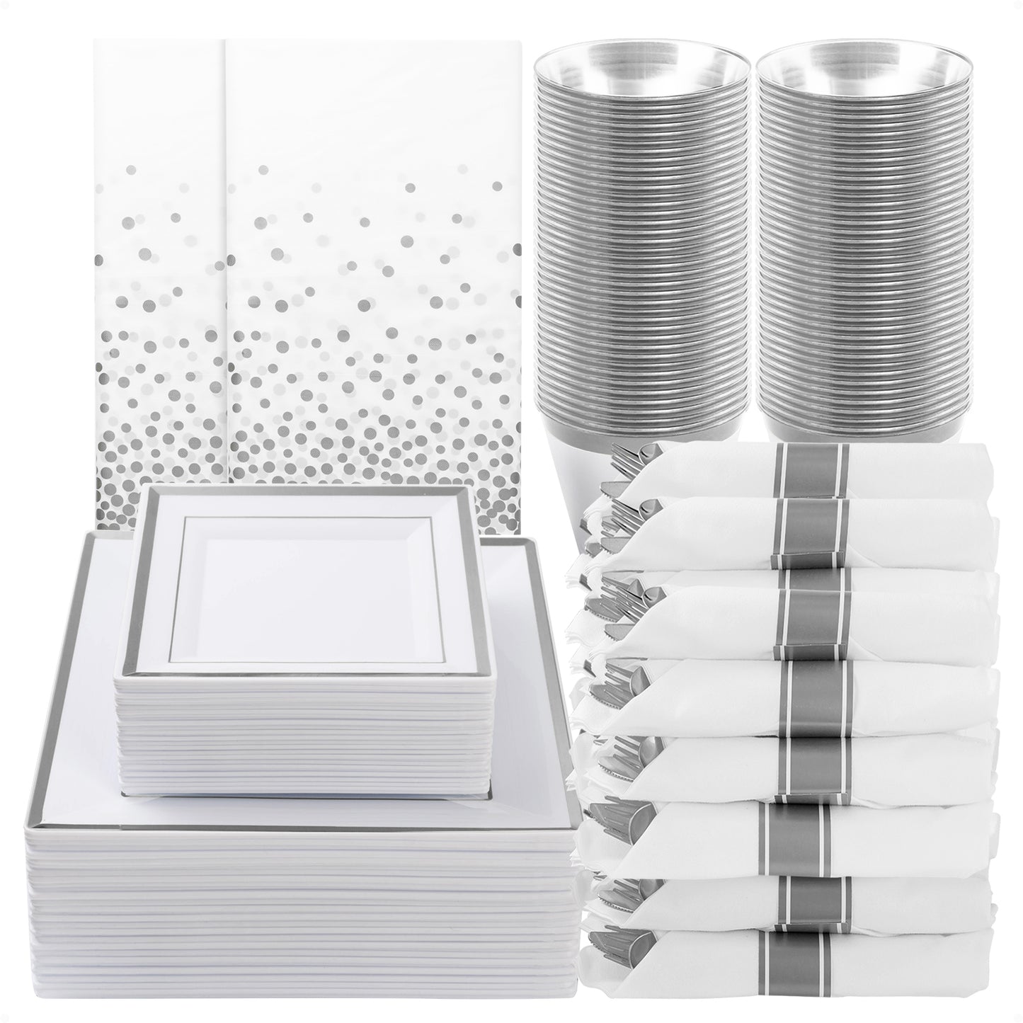 Goodluck 352 Piece White with Silver Trim Plastic Dinnerware Set for 50 Guests