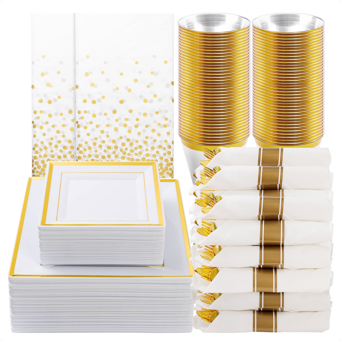 Goodluck 352 Piece White with Gold Trim Plastic Dinnerware Set for 50 Guests