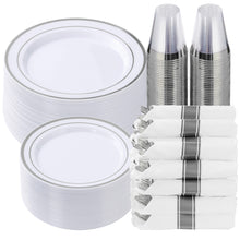 Goodluck White with Double Silver Rim Pre-Rolled Napkins Plastic Dinnerware Set