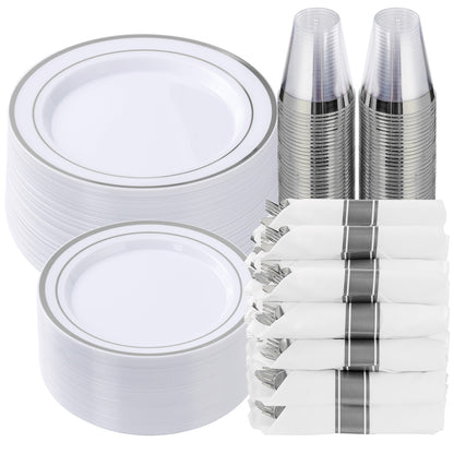 Goodluck White with Double Silver Rim Pre-Rolled Napkins Plastic Dinnerware Set
