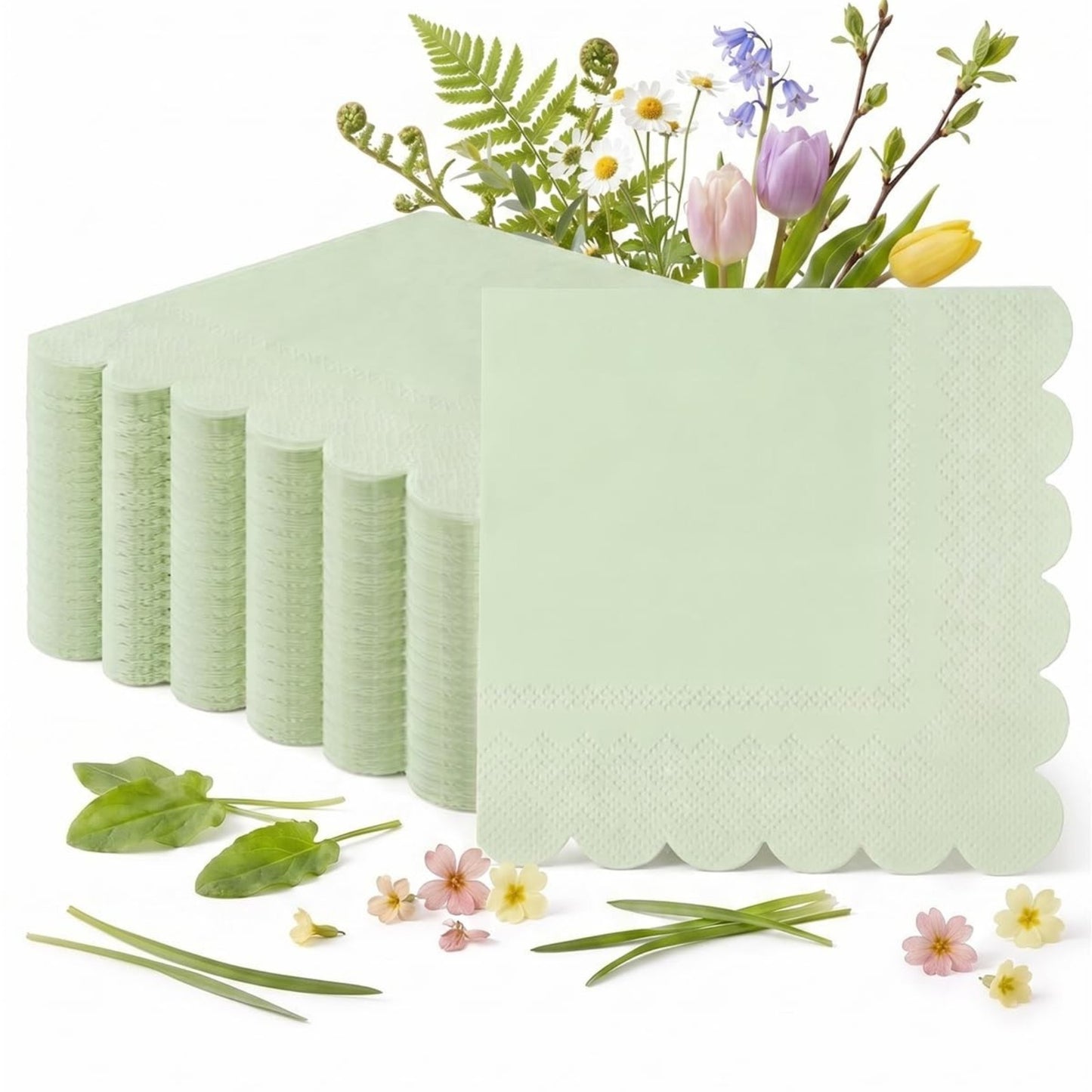 100-Pack 2-Ply 5 x 5 Inches Scalloped Disposable Napkins for Wedding, Birthday, Valentine's Day, and Baby Christening Party Decorations
