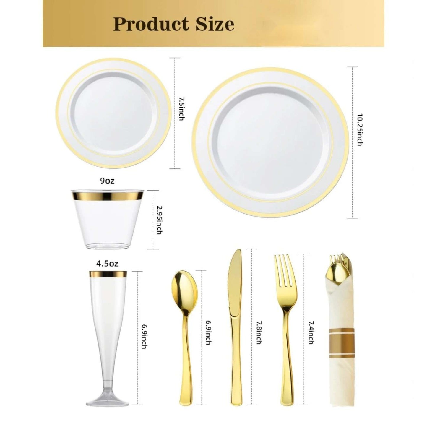 Goodluck Disposable Gold Plastic Dinnerware Set for Christmas, Wedding, Includes Dinner Plates, Dessert Plates, Napkins with Silverware,  Cups, Champagne Glasses