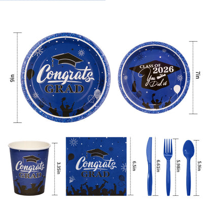 Graduation Party Supplies Include 9" & 7" Disposable Graduation Paper Plates, 9oz Cups, Napkins & Cutlery
