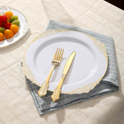 Heavy Duty Elegant Vintage Plastic Plates with Cutlery Set for Wedding, Bridal Shower, Anniversary