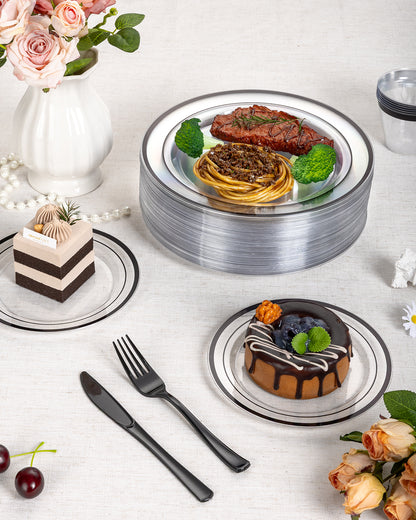 Goodluck Disposable Clear with Double Black Rim Plastic Dinnerware Sets for Party, Wedding, Graduation
