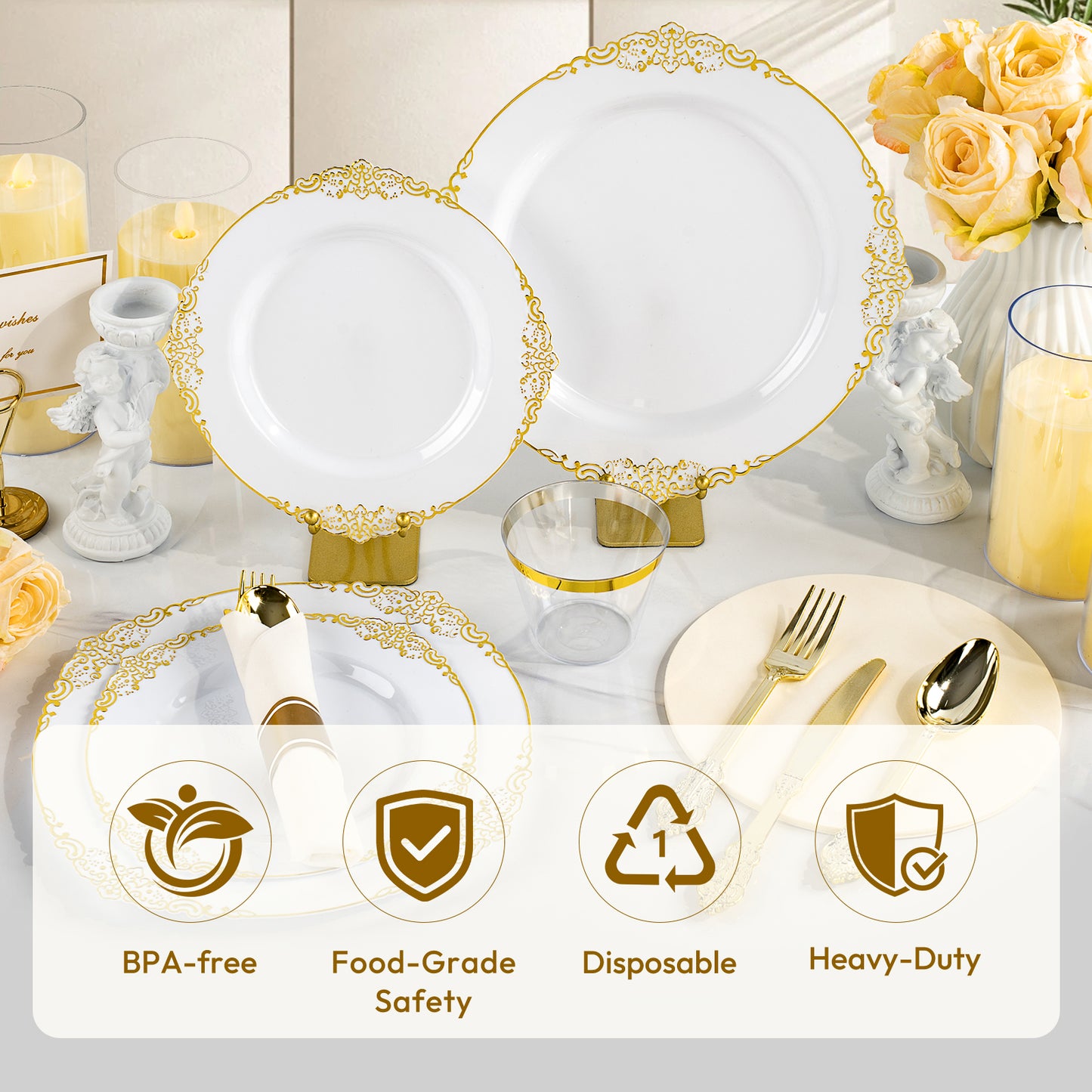 Goodluck Disposable Retro White with Gold Rim Plastic Dinnerware