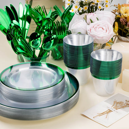 Goodluck 350PCS Disposable Green and Clear Plastic Dinnerware Sets for 50 Guests