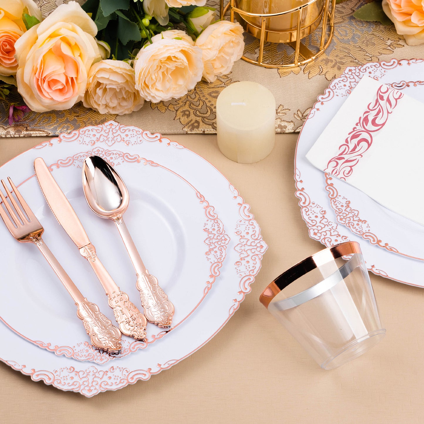 Goodluck 350PCS Retro Style Disposable Rose Gold Plastic Dinnerware Set for 50 Guests