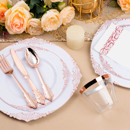 Goodluck 350PCS Retro Style Disposable Rose Gold Plastic Dinnerware Set for 50 Guests