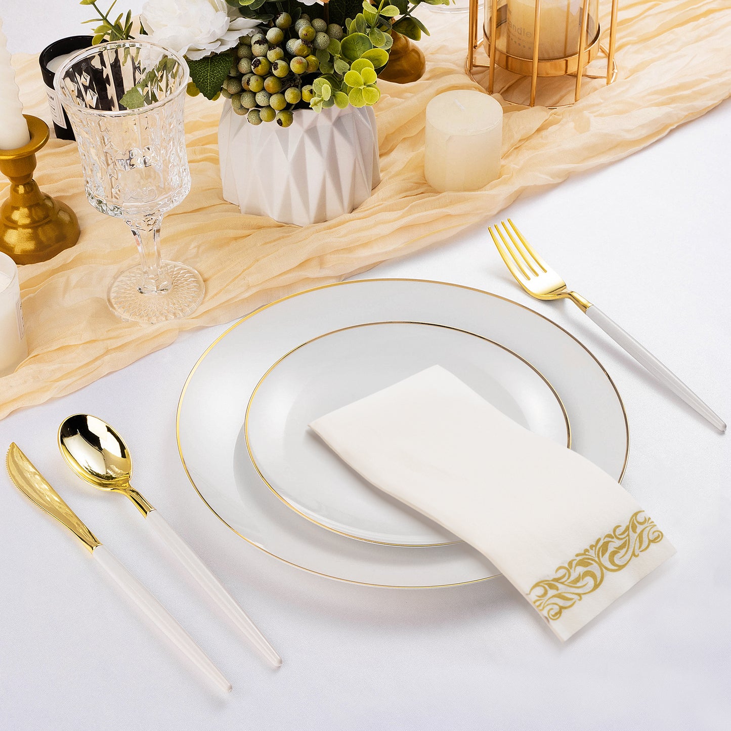 Goodluck 350 Pieces Disposable White with Gold Rim Plastic Dinnerware Set